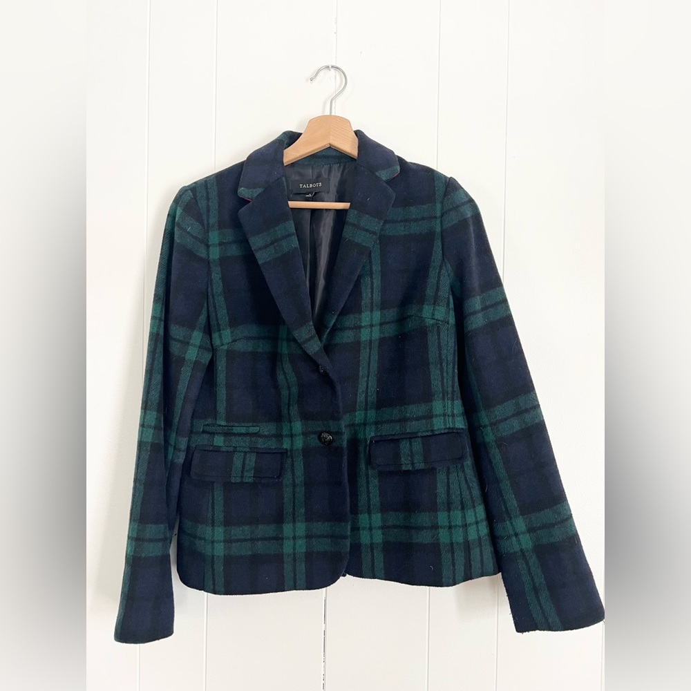 Talbots Navy and Green Plaid Wool Blazer